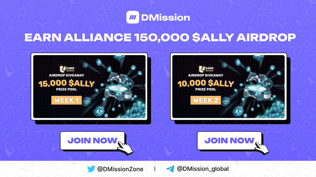 DMission Zone 🟰🟣.🟣🟰 (@dmissionzone) on Twitter photo 🌟 150,000 $ALLY AIRDROP EVENT IS LIVE!
Don't miss your shot – join <a href="/EarnAlliance/">Earn Alliance</a>, the leading web3 game aggregator and social platform powered by <a href="/animocabrands/">Animoca Brands</a>.
⏳ Event Duration: Feb 26 - Mar 27, 2024
🎁 Rewards: 150,000 $ALLY for Teams & Individuals
Every weekly 🌟 150,000 $ALLY AIRDROP EVENT IS LIVE!
Don't miss your shot – join <a href="/EarnAlliance/">Earn Alliance</a>, the leading web3 game aggregator and social platform powered by <a href="/animocabrands/">Animoca Brands</a>.
⏳ Event Duration: Feb 26 - Mar 27, 2024
🎁 Rewards: 150,000 $ALLY for Teams & Individuals
Every weekly