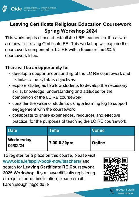 Teachers can join @Oide_RE on Wednesday the 6th March at 7pm for our #LCRE coursework workshop. Register here: buff.ly/3R9HXZm