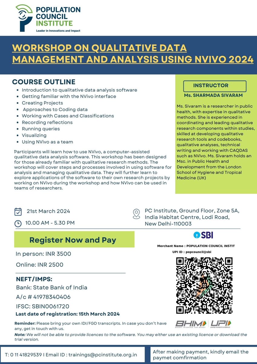sharmadasivaram's tweet image. Delighted to offer a 1-day hybrid (Delhi/online) #workshop on #QualitativeData #Analysis using Nvivo on 21 March, 2024 - please share with anyone you feel would benefit from this.