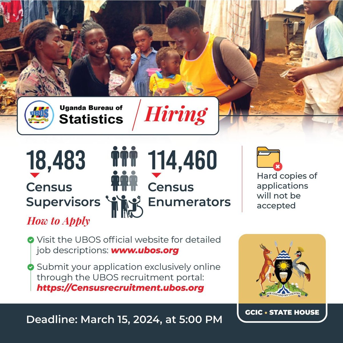 Explore job opportunities at the Uganda Bureau of Statistics for the Uganda Census 2024. Positions available include Census Supervisors (18,483) and Census Enumerators (114,460). 
#OpenGovUg