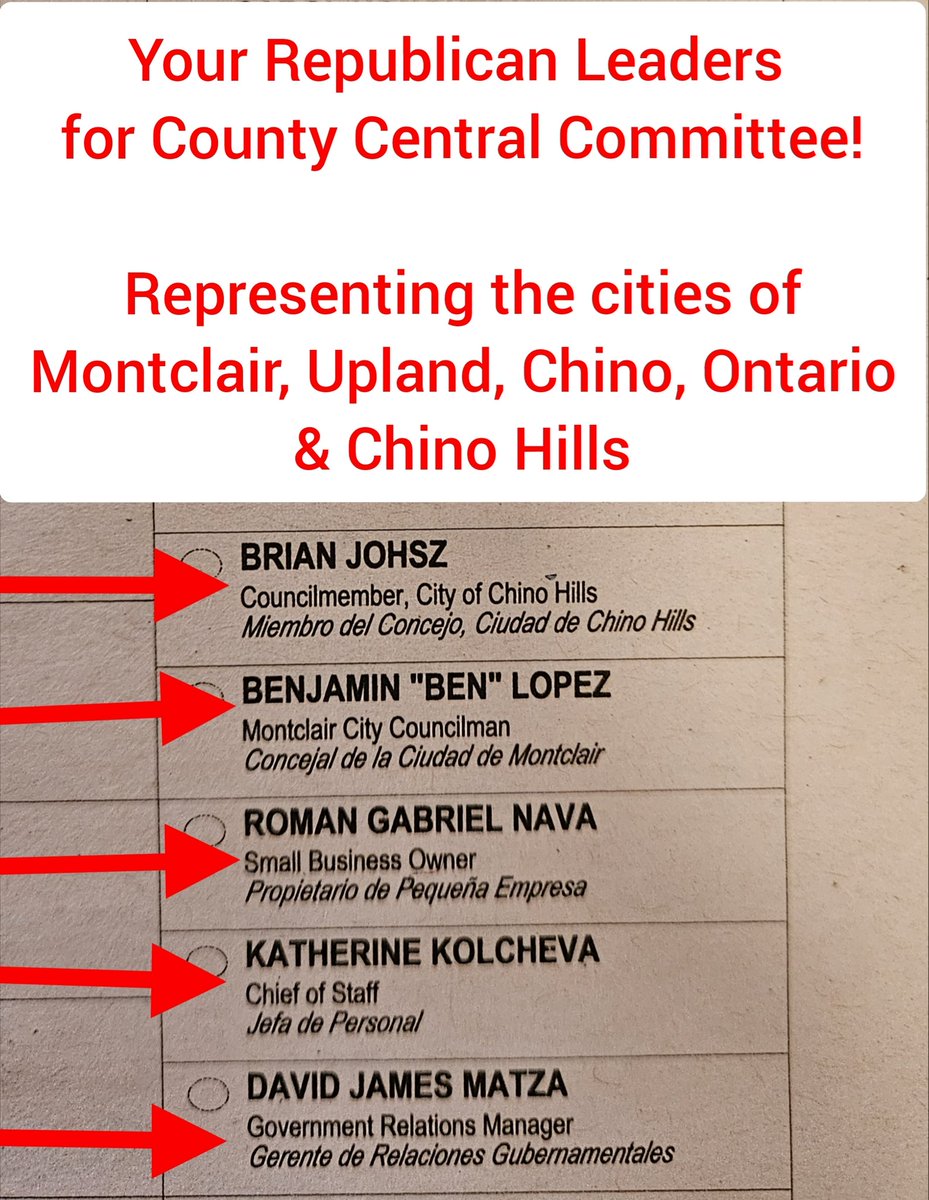 San Bernardino County Republicans: Vote for these 5 proven  leaders that have collectively served the residents of the 4th district in multiple capacities for years & have a proven record of success.  
#march5th #primaryelection #SuperTuesday #Election2024 #sanbernardinocounty