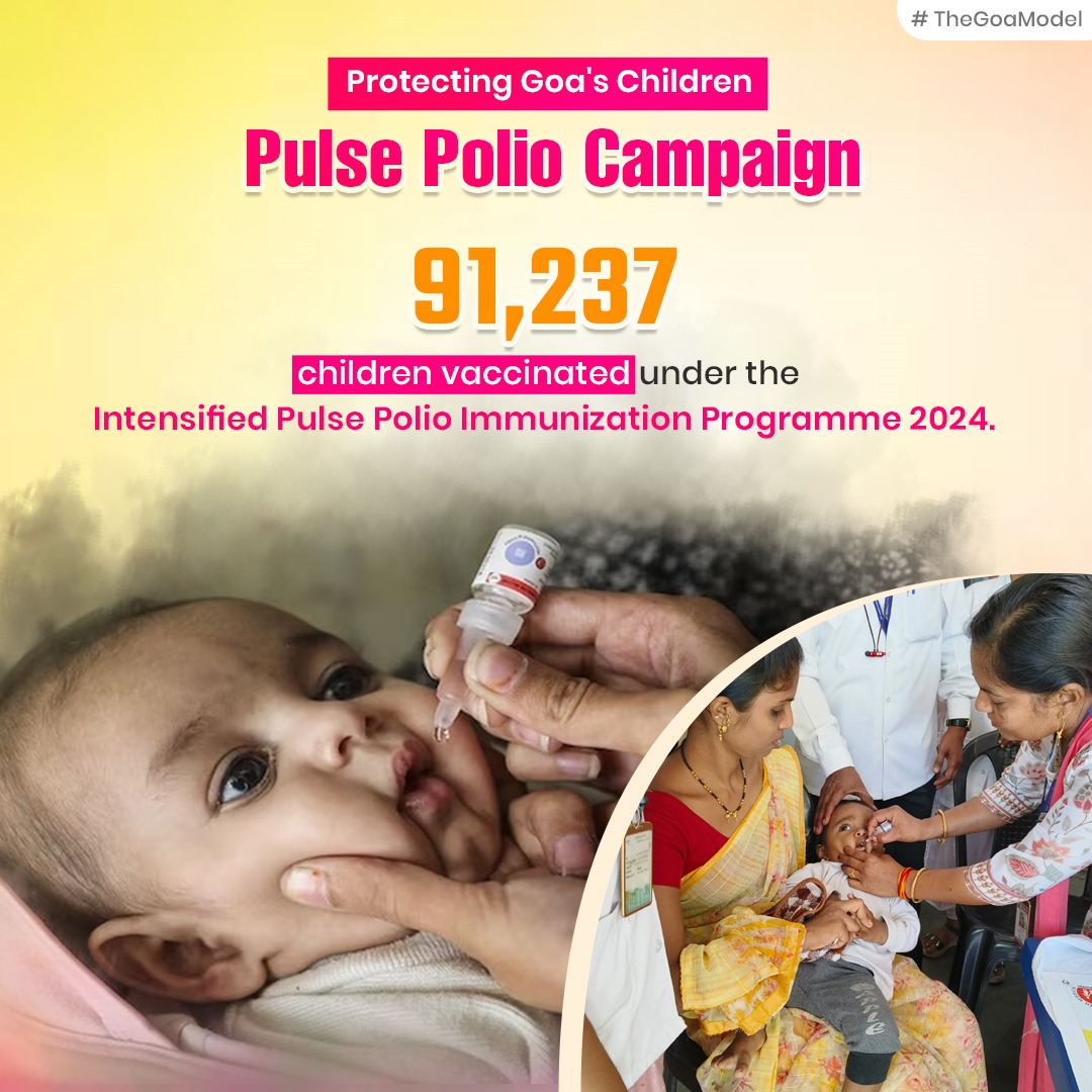 Goa's commitment to children's health shines bright! 91,237 children vaccinated in the State-wide Pulse Polio campaign. Let's ensure every child is protected against polio.
#PulsePolio #GoaHealth
#TheGoaModel #ChildrensHealth #GoaVaccination #PolioFreeGoa #PolioVaccination