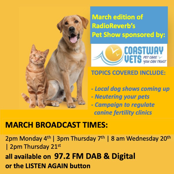 The 1st airing of ⁦@radioreverb⁩’s Pet Show, which I introduce,goes out today at 2pm.The show, sponsored by ⁦@coastwayvets⁩,includes a round up of local dog shows;a piece about neutering your pets & a ⁦@BritishVets⁩’ campaign to regulate canine fertility clinics