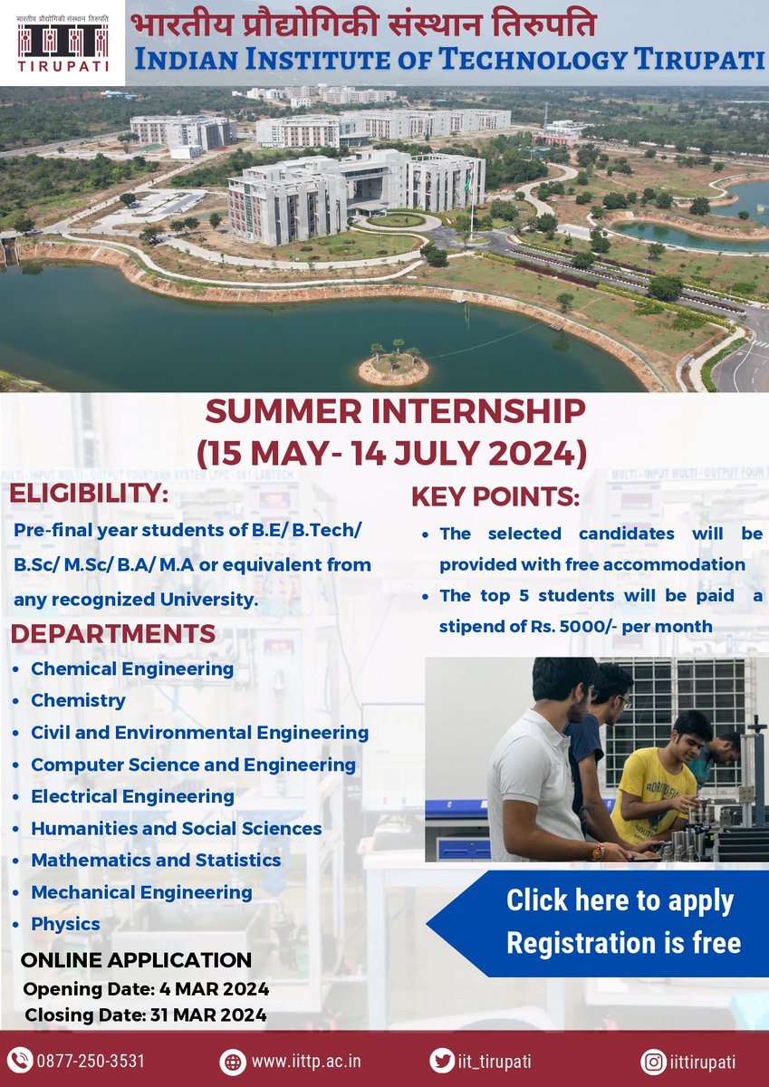 IIT Tirupati (@iit_tirupati) on Twitter photo Summer Internship 2024 <a href="/iit_tirupati/">IIT Tirupati</a> . Please register and use this opportunity. <a href="/EduMinOfIndia/">Ministry of Education</a> Summer Internship 2024 <a href="/iit_tirupati/">IIT Tirupati</a> . Please register and use this opportunity. <a href="/EduMinOfIndia/">Ministry of Education</a>