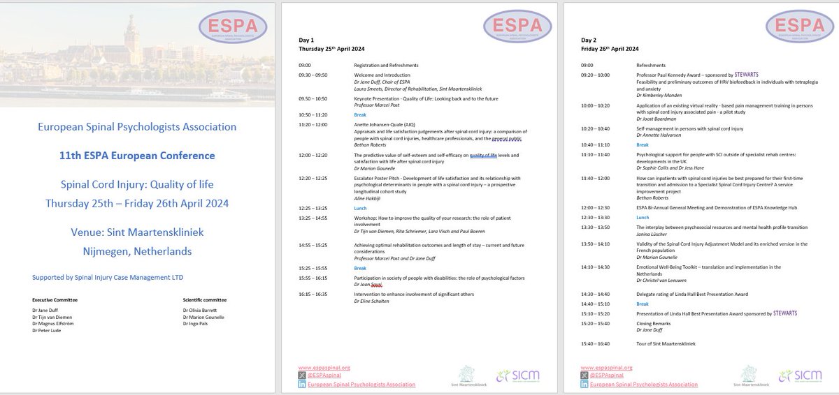 It's here and what a fabulous line up.  Register through espaspinal.org , close on 15.04.2024.  Previous delegate testimony:
"ESPA is the only conference where every talk or poster is relevant to my daily work in spinal cord injury, this one makes a tangible difference".