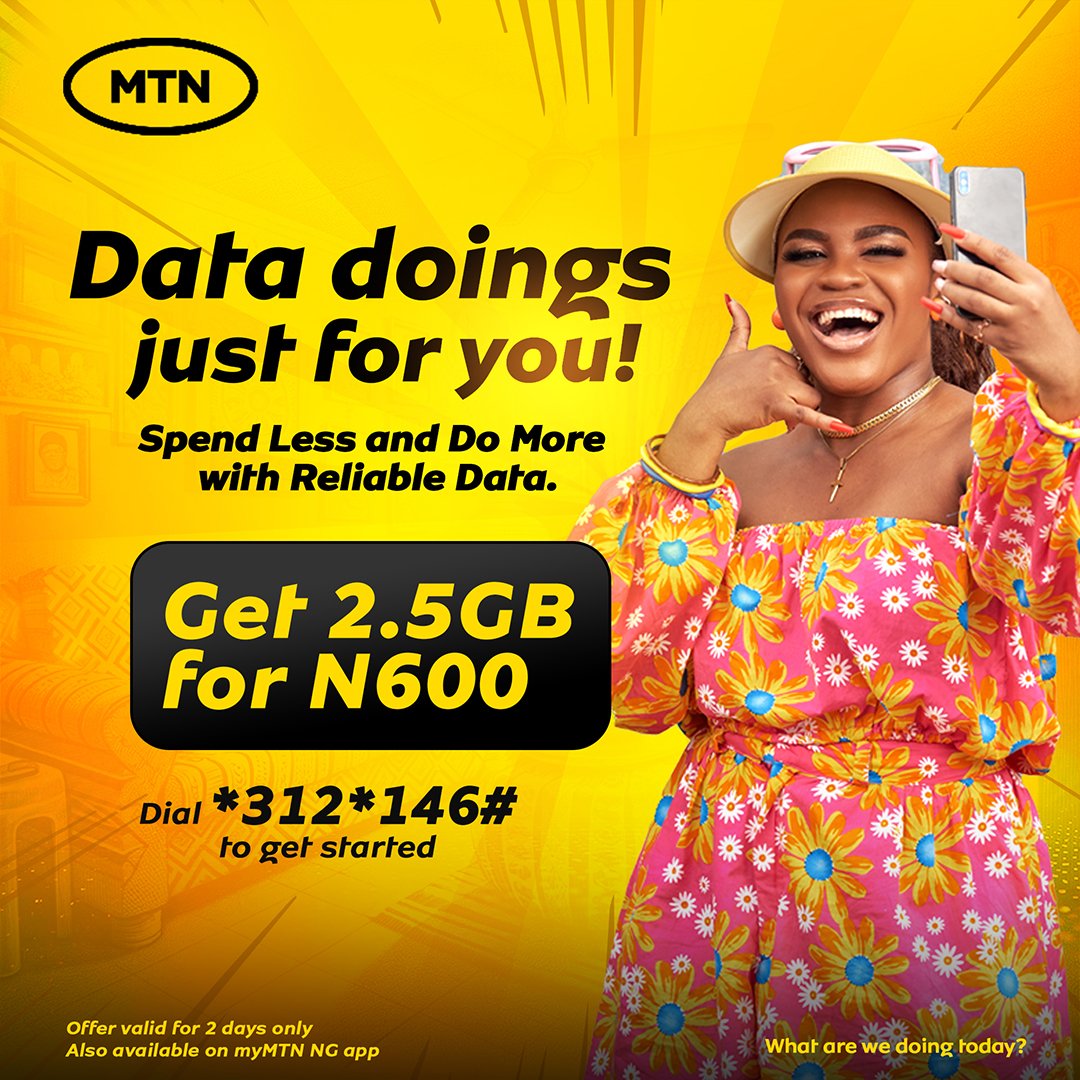 MTNNG's tweet image. Don&apos;t miss out on this exciting offer! 
Enjoy 2.5GB Data for only N600! 😱 

Offer valid for 2 days only

Dial *312*146# to get started!

#StayConnected 
#DoMoreWithData