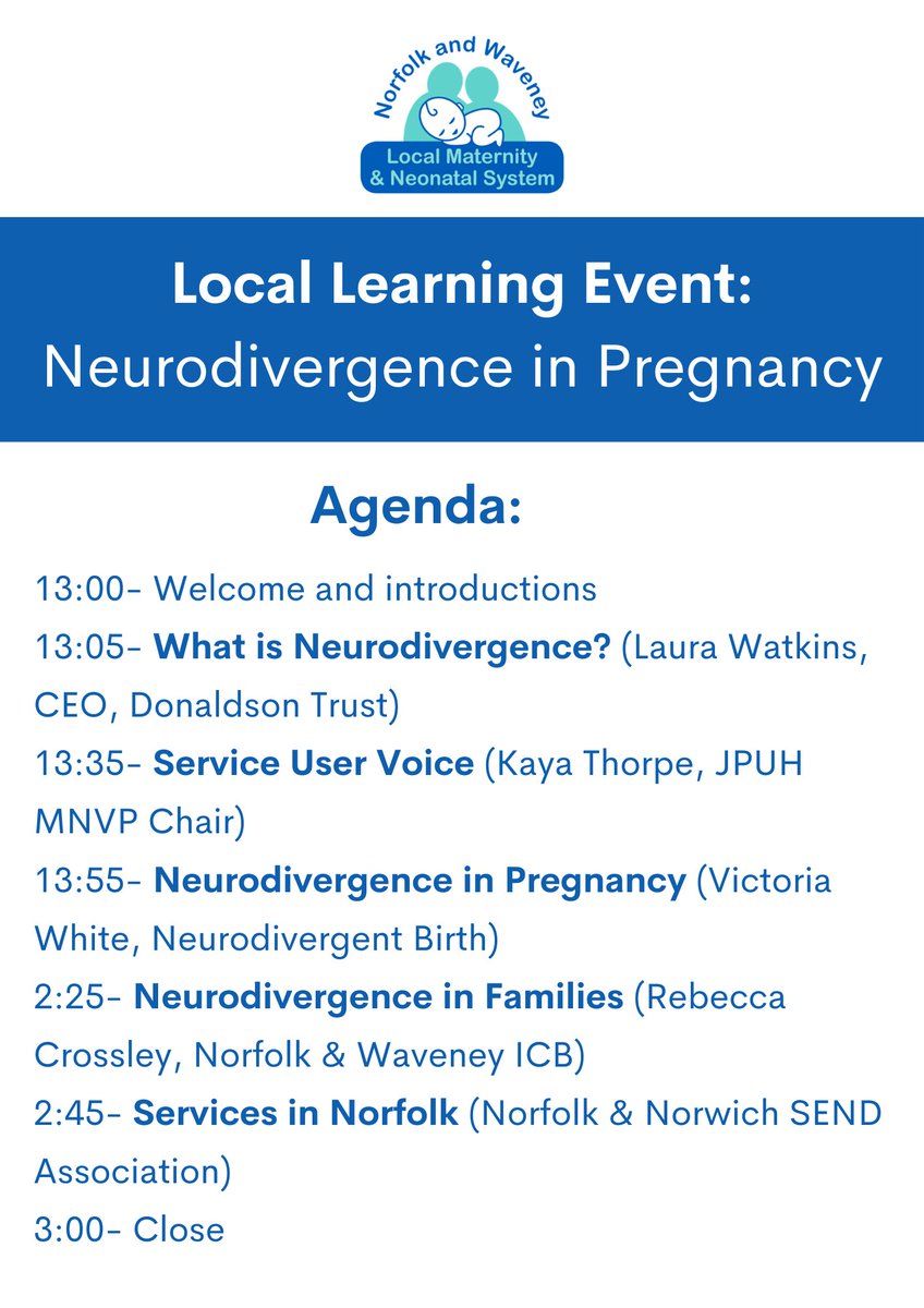 Neurodivergence Celebration week commences 18th March, & on 19th March we are hosting an exciting Local Learning Event on the topic with some great speakers lined up, see the attached agenda & book your free space via Eventbrite! @nandwics @birthvoiceseast eventbrite.co.uk/e/norfolk-wave…