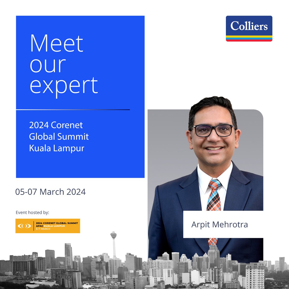 colliers_ind's tweet photo. Meet our expert, Arpit Mehrotra, at the 2024 CoreNet Global Summit, Malaysia Chapter.

Register for the event here- https://t.co/wAYQSKM4NW

Learn more- https://t.co/Geixs3CLg7

#ColliersIndia #IndiaRealEstate #event #CoreNetGlobal #officeexpert #officeservices https://t.co/B7qxdnzZlw