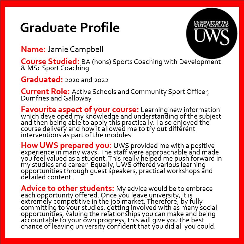 🎓Graduate Profile 🎓 Sport Coaching & Development AND MSc Sport Coaching Graduate Jamie Campbell has used his experiences within his role as an Active Schools and Community Sport Officer @DGCsport. #lifeatUWS #UWSSportsGradstories