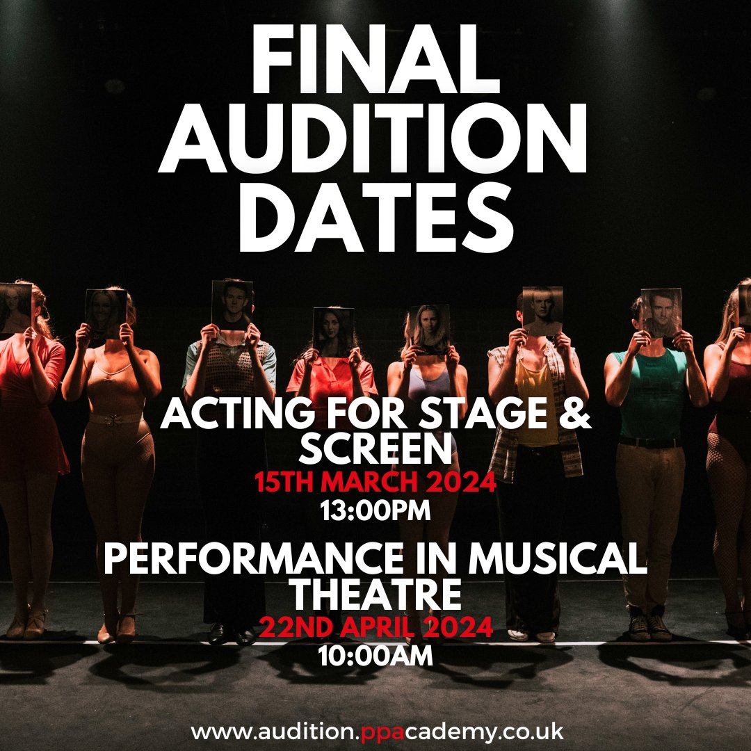 PPAcademyUK's tweet image. 📣FINAL AUDITION DATES ANNOUNCED📣

SAVE THE DATES!
15/03- Acting for Stage &amp;amp; Screen 
22/04- Performance in Musical Theatre

Book now to avoid disappointment! We look forward to welcoming you 😊

#audition #ppa #dramaschool #ucas #applynow #dancing #singing #acting #performing