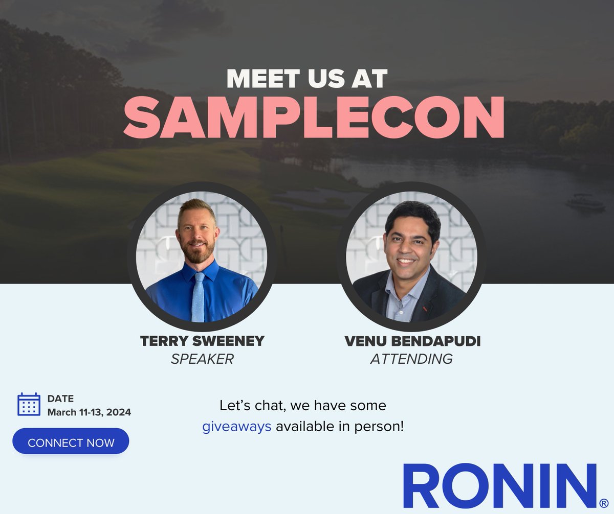 RONINdata's tweet image. We're counting down the days to @Samplecon! Our US colleagues Terry Sweeney &amp;amp; Venu Bendapudi are all ready and excited to see you there! If you'd like to schedule a chat with them, don't hesitate to reach out on LinkedIn before the conference kicks off.  #SampleCon #SampleCon2024