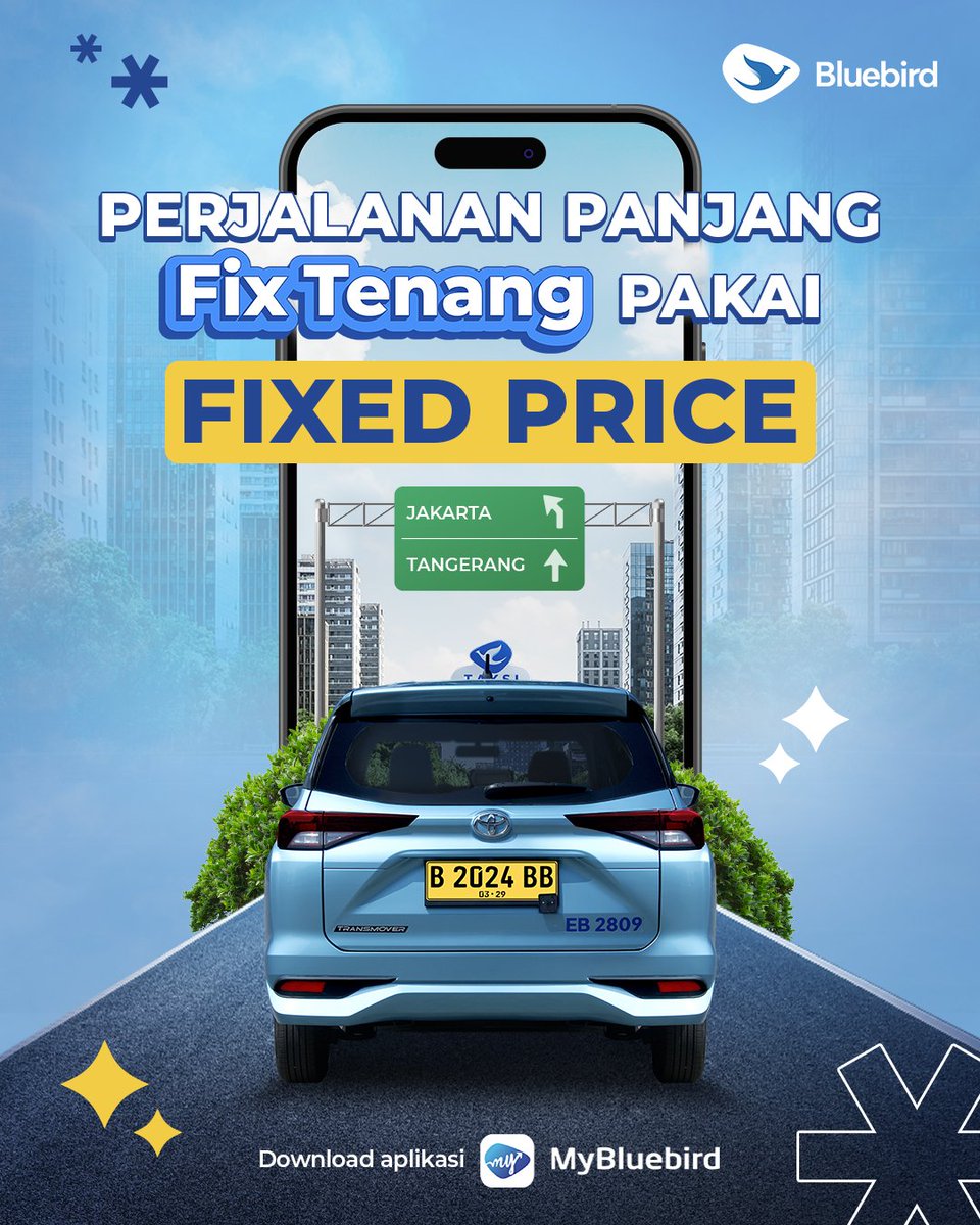 Pergi ke tempat jauh di wilayah Jabodetabek tapi gak mau ribet mikirin harga? Tenang aja, pakai Fixed Price dari Bluebird, perjalanan jadi #FixTenang! Yuk, cobain sekarang di Aplikasi MyBluebird! #Bluebird #BluebirdGroup #SetiapKilometerBerarti