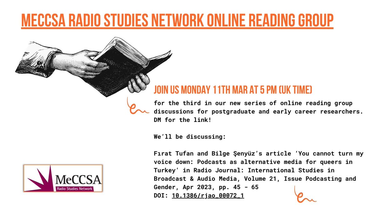 Next Monday we will host our 3rd #onlinereadinggroup at the later time of 5pm (17:00) UK time. We welcome PGs & early career academics to join us to discuss Tufan & Şenyüz’s 2023 article ‘You cannot turn my voice down...' in Radio Journal, 21, 45 - 65 DOI: 10.1386/rjao_00072_1