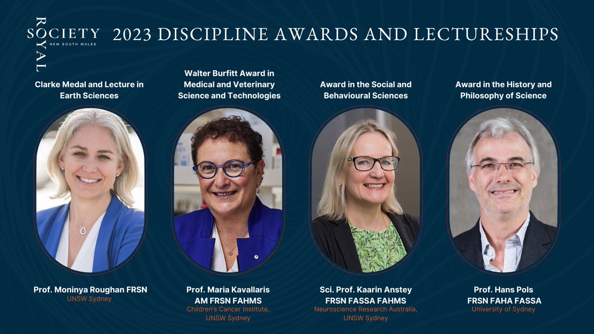 The Royal Society of New South Wales' 2023 Discipline Awards and Lectureships were awarded to @moninya, @MK_CCI, @kaarin_anstey, and @HansPols3.