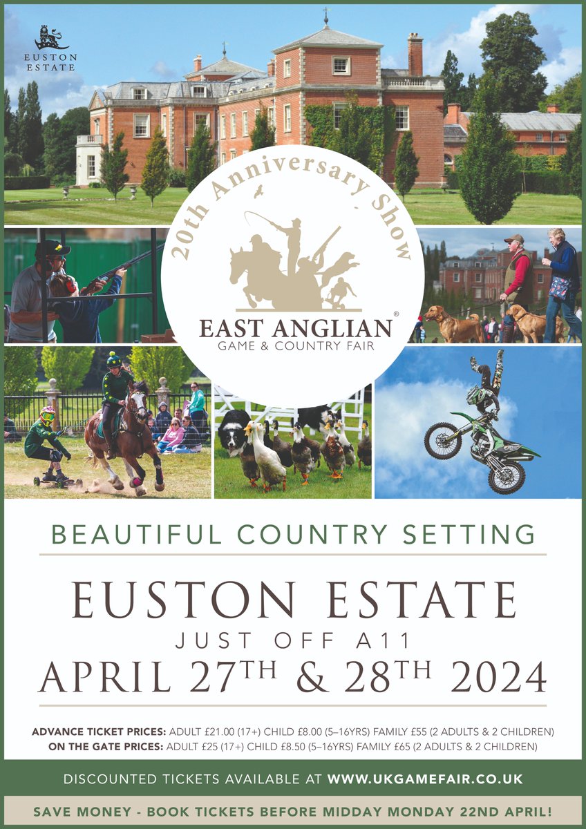 Advance discounted tickets are live for the 2024 #EAGCF Euston Estate 27th &amp; 28th April! Book now and save money in advance! ukgamefair.co.uk/book-tickets-s…