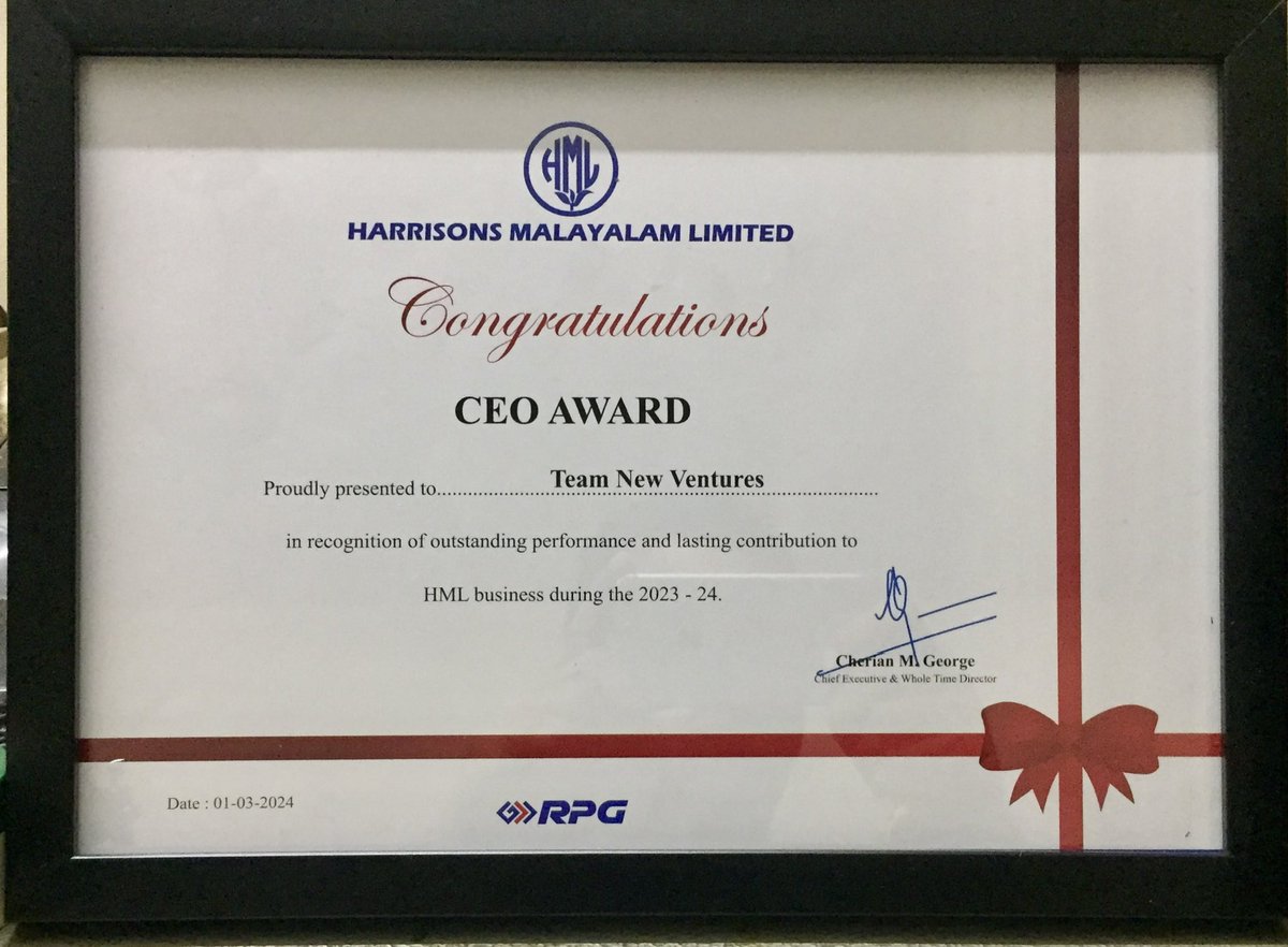 ashishdevv's tweet photo. Team “New Ventures” receiving the Prestigious “CEO AWARD” from our Chief Executive, Mr. Cherian M George for the outstanding performance showcased by the Team for the financial year 2023-24. A very proud moment for the team. https://t.co/exVcOcjSCC