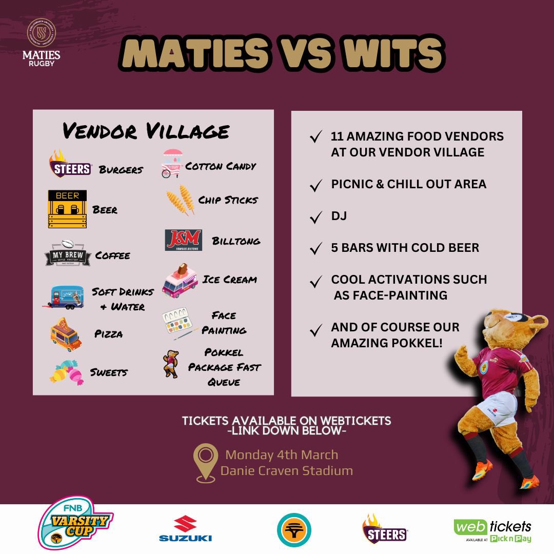 GET YOUR TICKETS NOW⬇️ webtickets.co.za/v2/EventCatego… @StellenboschUni @MatiesSport @MatiesRugby @varsitycup Join the #MaroonMachine vs @WitsSport tonight at 19:00 at the #DCStadium