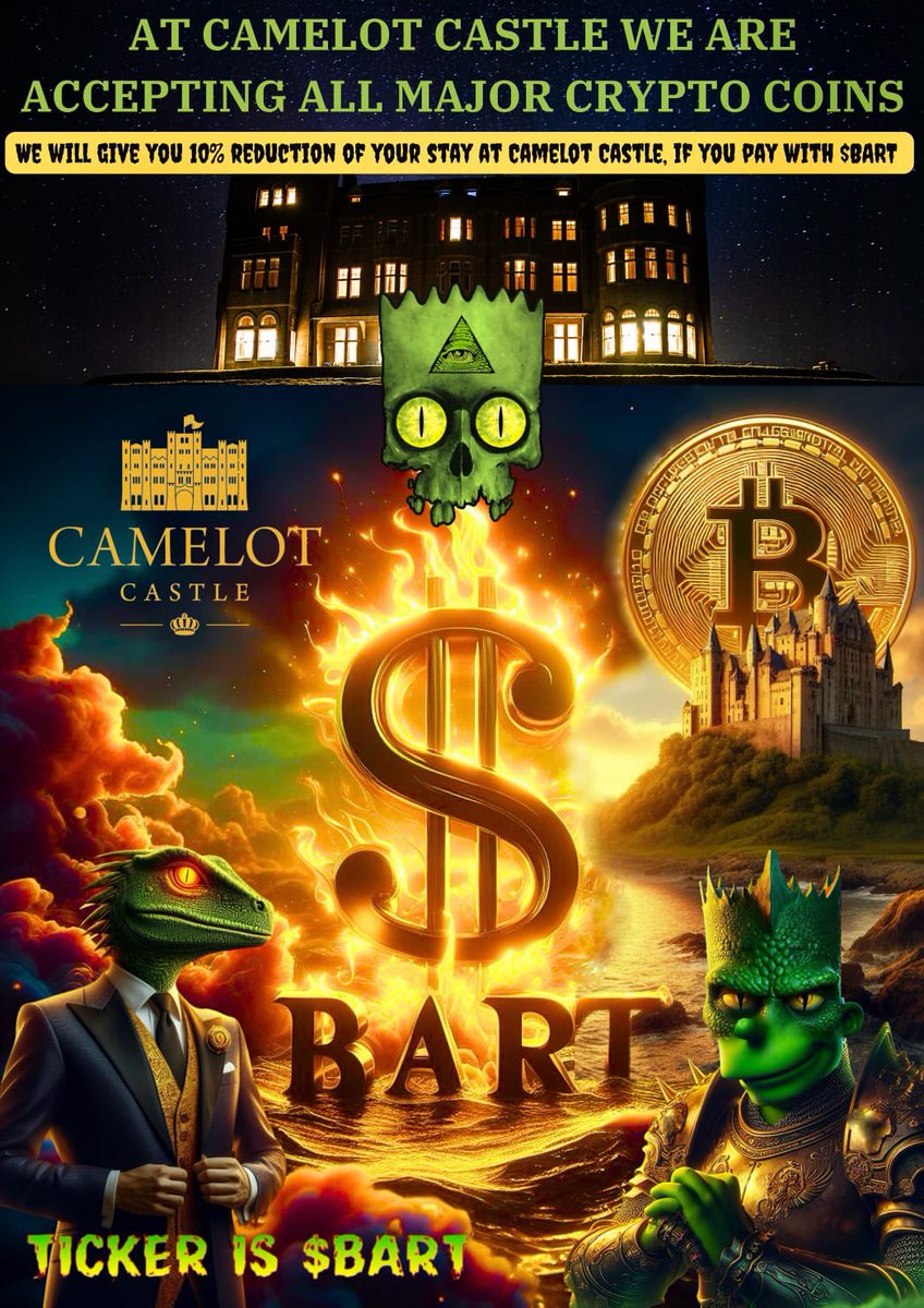 GREAT NEWS At Camelot Castle we are accepting all major crypto coins. We will give you a 10% reduction in your stay if you pay with $BART @bartcoin_erc As reported on @TvCamelot Stand by and follow for announcements on a upcoming Global Camelot Crypto Convention. All…