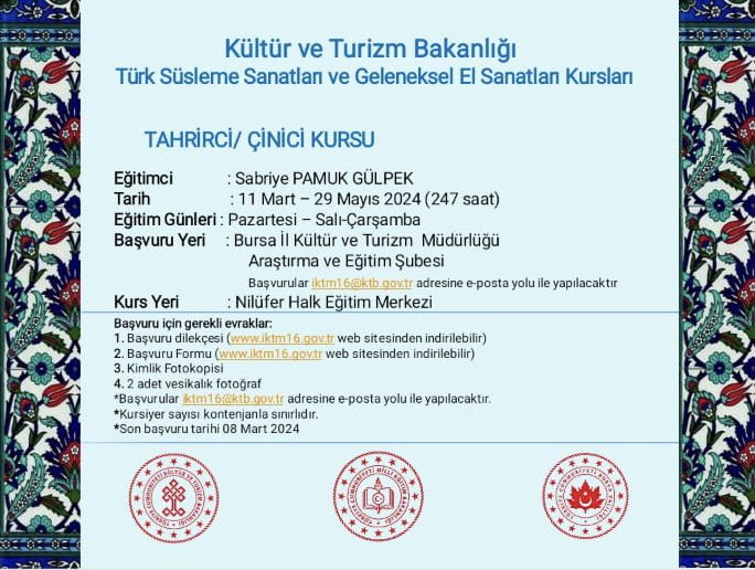 Türk Süsleme Sanatları ve Geleneksel El Sanatları Kursları başlıyor. Son başvuru tarihi 8 Mart 2024.⏰