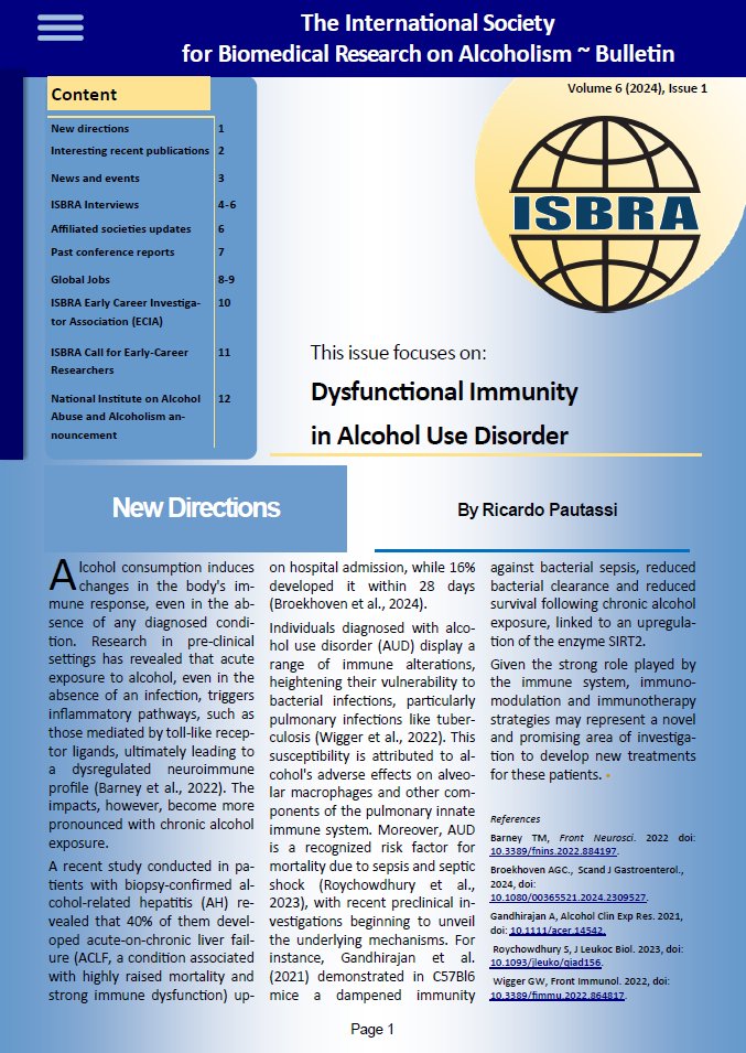 The ISBRA Bulletin is back in 2024! In this year's first issue, we focus on Dysfunctional #immunity in #Alcohol Use Disorder🔽 linkedin.com/posts/isbracom… @esbra_society @JMSAAS1966 @RSAposts #LASBRA @WHO #APSAAR @EASLnews @BASLedu @Movendi_Int #AlcoholResearch #AlcoholAwareness