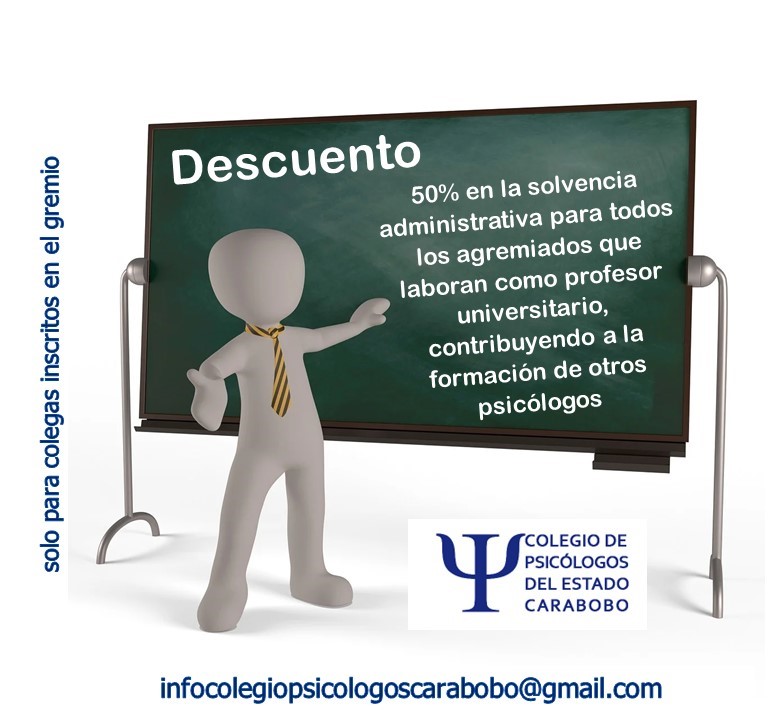 ColPsiCarabobo's tweet photo. DESCUENTO del 50% en la solvencia administrativa para todos los agremiados que laboran como profesor universitario, contribuyendo a la formación de otros psicólogos.

infocolegiopsicologoscarabobo@gmail.com

#solvenciaadministrativa
#descuento
#carabobo
#psicologoscarabobo
#uam https://t.co/Tr3mj9L3NL