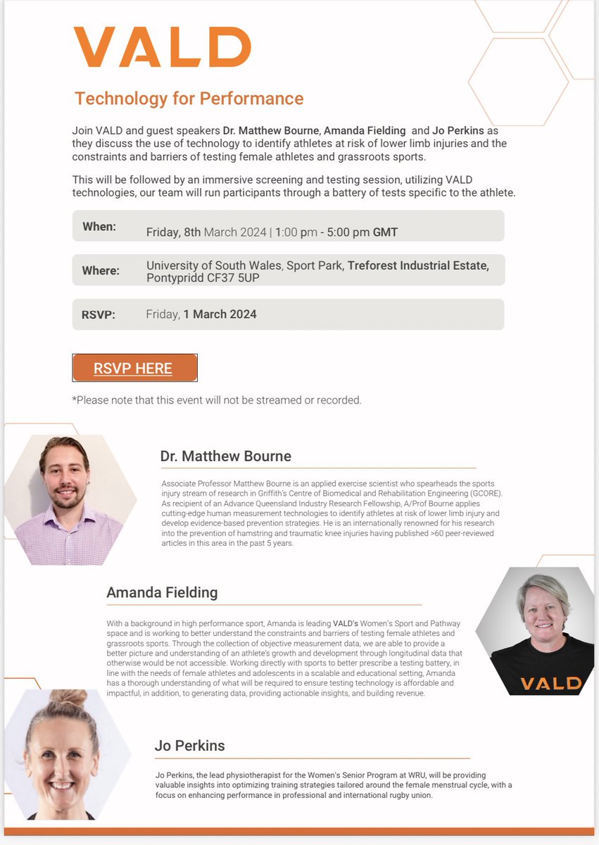 Coming this Friday at @USWSport Park. Join guest speakers Dr. Matthew Bourne, Amanda Fielding and Jo Perkins as they discuss the use of technology to support female athletes. RSVP Link - valdtechnologies.typeform.com/to/NjDSPOCu