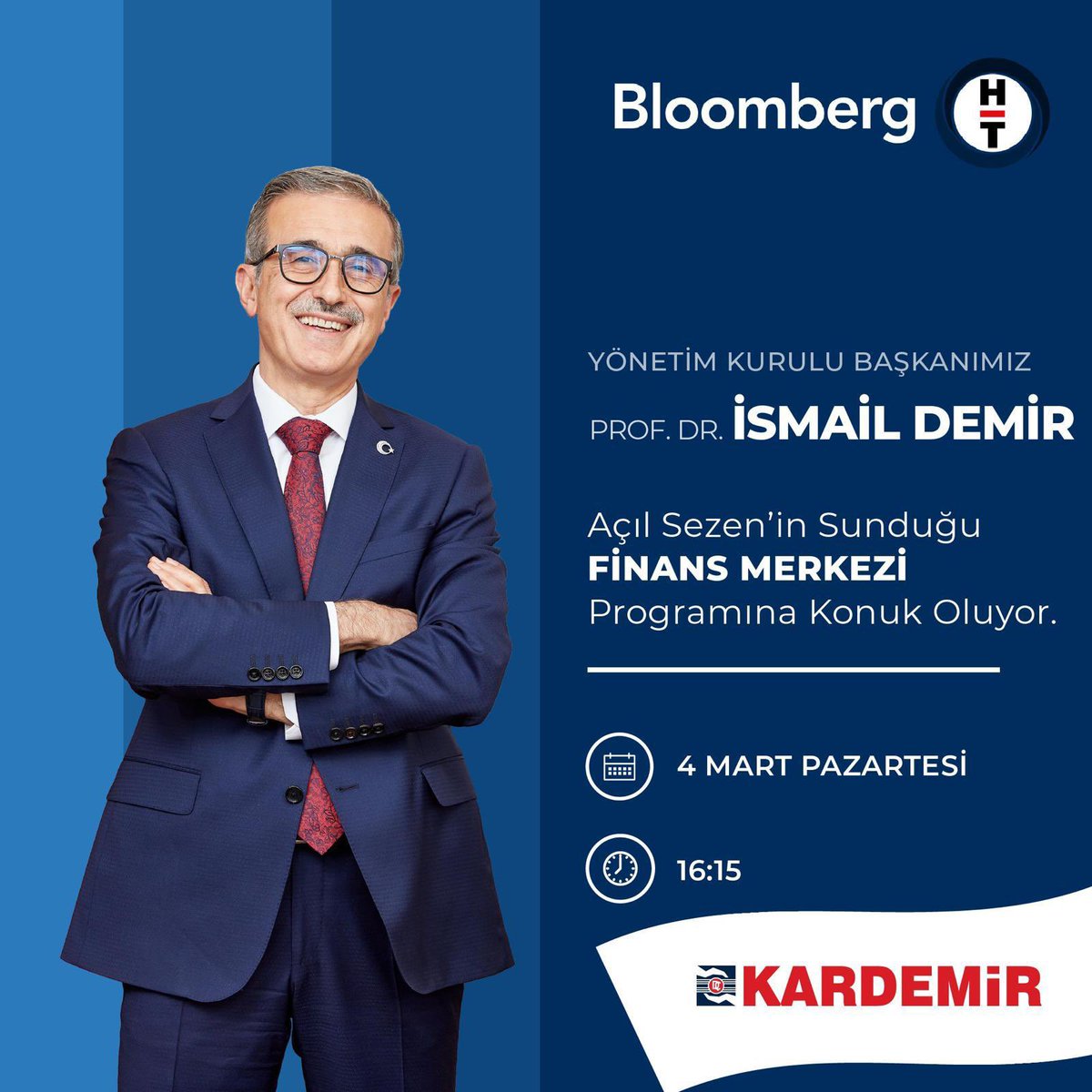 📺 Yönetim Kurulu Başkanımız Sayın Prof. Dr. İsmail Demir, Bloomberg HT Genel Yayın Yönetmeni Açıl Sezen’in sunduğu Finans Merkezi Programına bugün saat 16:15’te canlı yayında konuk oluyor. #Kardemir #BloombergHT #FinansMerkezi