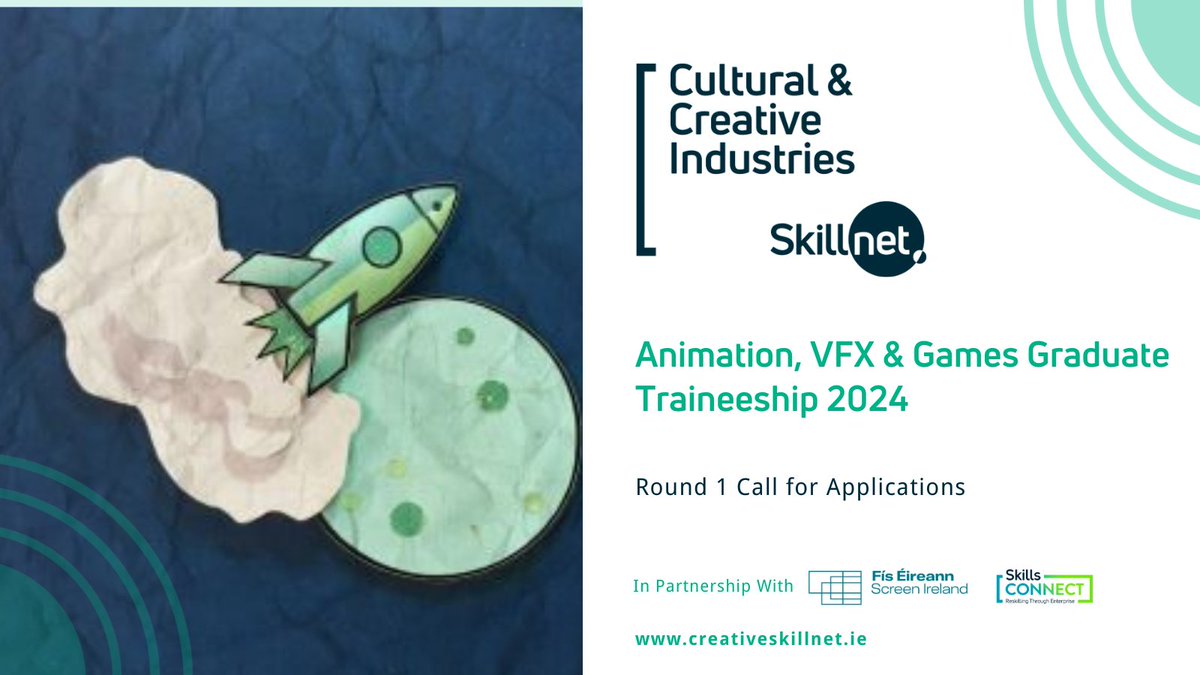 Along with <a href="/ScreenIreland/">Screen Ireland</a> we are delighted to launch the call for the next iteration of the hugely successful Graduate Traineeship Programme for Animation, VFX &amp; Games. More info here tinyurl.com/mvt78kpm #creativeskillnet #VFX #games #animation #traineeship