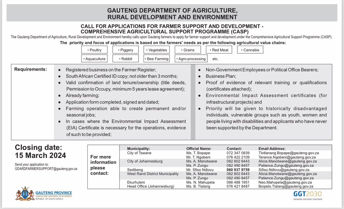 CALL FOR APPLICATIONS FOR FARMER SUPPORT AND DEVELOPMENT -COMPREHENSIVE AGRICULTURAL SUPPORT PROGRAMME (CASP) Closing date: 15 March 2024 #GrowingGautengTogether