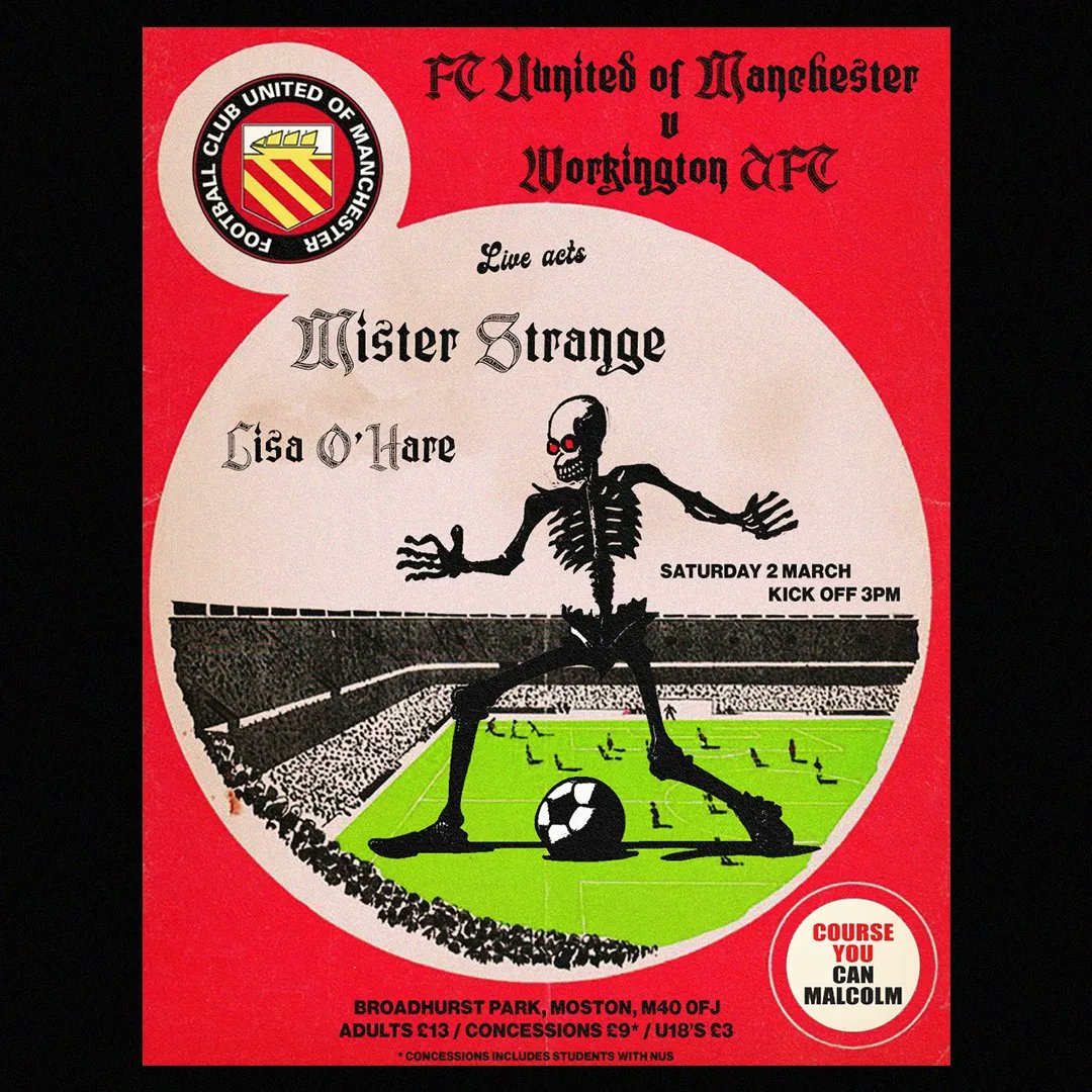 Artwork for last Saturday's FC UNITED of MANCHESTER pre match gig with @misterstraaange and Lisa O'Hare LIVE pitch.

NOW Featured in <a href="/MundialMag/">MUNDIAL</a> latest mood.

Poster inspired by the old school football programmes.