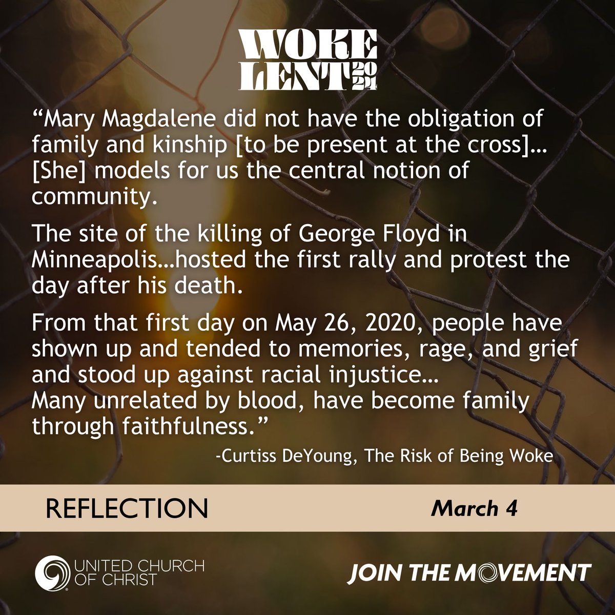 UnitedChurch's tweet photo. π Reflection: Mary Magdalene did not have an obligation to be present at the cross. Being there, she models the notion of community.
β How has your church family created community through action?
β¬οΈ #WokeLent2024 calendar, etc: https://t.co/qFL43bjEgb
#Lent #UCCMovement https://t.co/kKFr1MtEEB