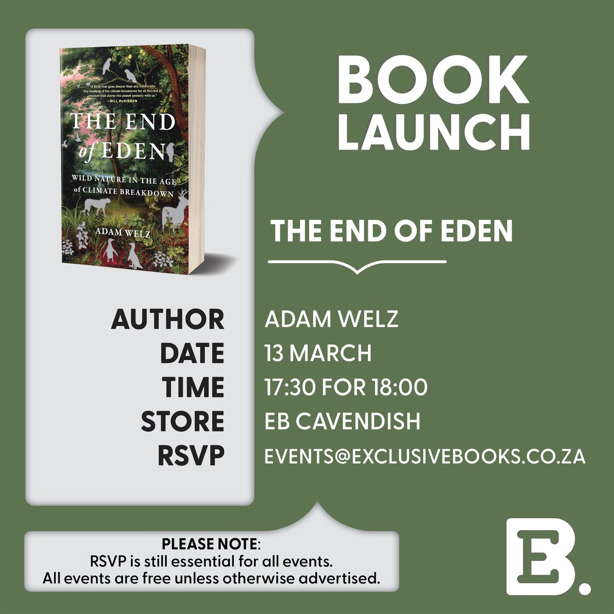 📍🗓️ Join us at EB @CavendishCT for a book launch for The End of Eden by Adam Welz.

The author will be in discussion with Hedley Twidle.

@JonathanBallPub
@AdamWelz

RSVP to events@exclusivebooks.co.za