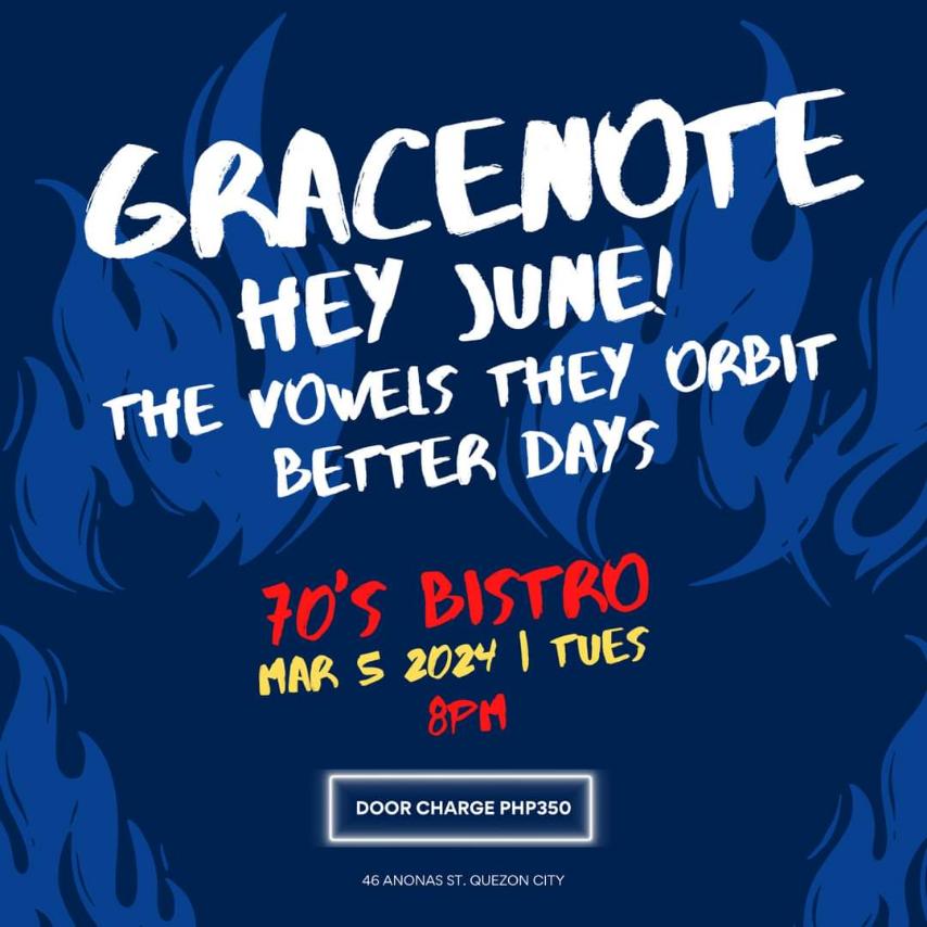 the vowels they orbit | NEW SINGLE OUT NOW (@thevto) on Twitter photo unang gig ng March! kita kita tayo bukas at manghaharana kami ng <a href="/GracenotePH/">Gracenote</a>, <a href="/heyjunemusic/">HEY JUNE!</a> at <a href="/betterdaystour/">Better Days</a> sa 70's Bistro!💫 unang gig ng March! kita kita tayo bukas at manghaharana kami ng <a href="/GracenotePH/">Gracenote</a>, <a href="/heyjunemusic/">HEY JUNE!</a> at <a href="/betterdaystour/">Better Days</a> sa 70's Bistro!💫