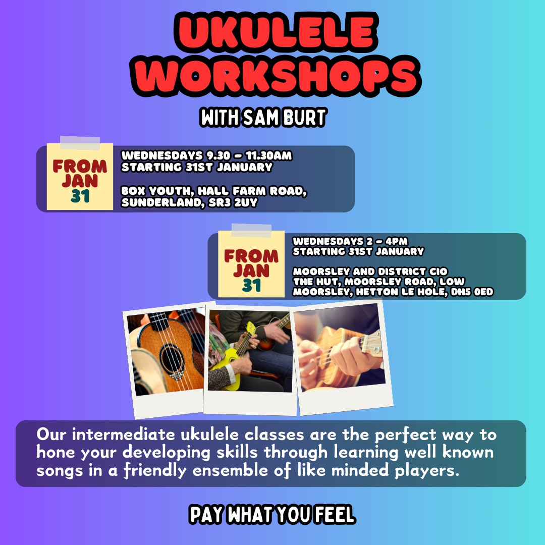 Our ukulele groups are still open to new joiners. Intermediate groups for those developing skills. Click the links to find out more and book! Wednesdays 9.30am - 11.30am Box Youth eventbrite.co.uk/e/807794885247 Wednesdays 2 - 4pm Moorsley and District CIO eventbrite.co.uk/e/807764664857