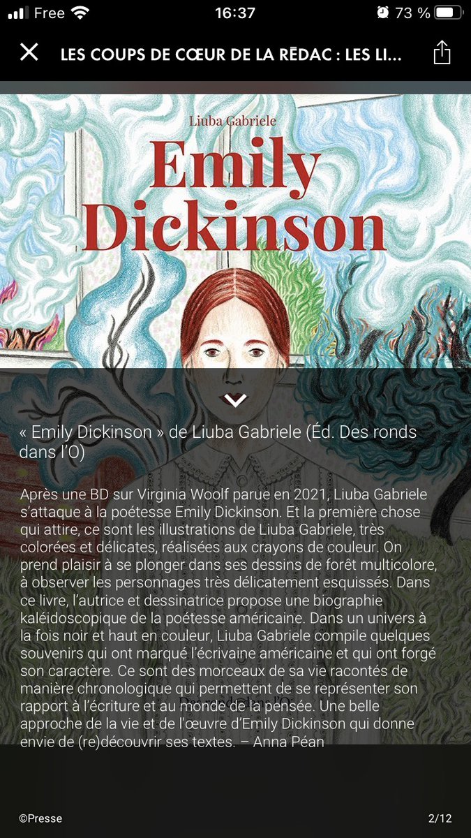 ' Une belle approche de la vie et de l'œuvre d'Emily Dickinson qui donne envie de (re)découvrir ses textes. ' (Coup de cœur de la Rédaction du magazine ELLE !) #EmilyDickinson #Romangraphique Disponible en librairie