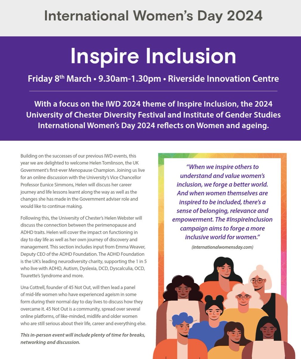 To celebrate #IWD2024 this Friday, the Institute of Gender Studies have once again teamed up with the <a href="/UoCDiversity15/">University of Chester Diversity</a> Diversity Festival to bring you a glorious in-person morning of celebrating women!

DM for more information - open to all - in historic Chester.