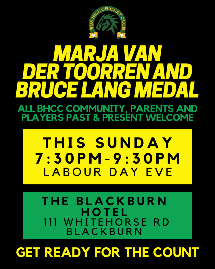 This Sunday night the 2024 Marja Van Der Toorren and Bruce Lang Medallists will be crowned!

The club would like to invite the entire BHCC community to celebrate with us at The Blackburn Hotel ahead of Monday's public holiday.
