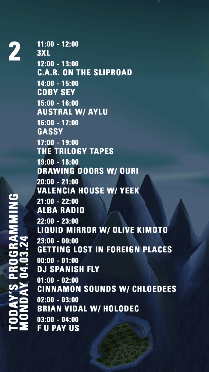 NTS Radio (@ntslive) on Twitter photo its a new week - here's your NTS for today... 🧵
<a href="/RufDug/">Ruf Dug</a> <a href="/maya_kal_/">maya</a> <a href="/erolalkan/">erol alkan</a> <a href="/mirroredpalm/">Margarita</a> <a href="/Djbabatr/">Djbabatr</a> <a href="/RussellMaurice/">Gasius</a> <a href="/TheTrilogyTapes/">The Trilogy Tapes</a> <a href="/olivekimoto/">olive 🦪 kimoto</a> <a href="/Djspanishflymem/">Dj Spanish Fly (Godfather Memphis Rap) Phonk</a> its a new week - here's your NTS for today... 🧵
<a href="/RufDug/">Ruf Dug</a> <a href="/maya_kal_/">maya</a> <a href="/erolalkan/">erol alkan</a> <a href="/mirroredpalm/">Margarita</a> <a href="/Djbabatr/">Djbabatr</a> <a href="/RussellMaurice/">Gasius</a> <a href="/TheTrilogyTapes/">The Trilogy Tapes</a> <a href="/olivekimoto/">olive 🦪 kimoto</a> <a href="/Djspanishflymem/">Dj Spanish Fly (Godfather Memphis Rap) Phonk</a>
