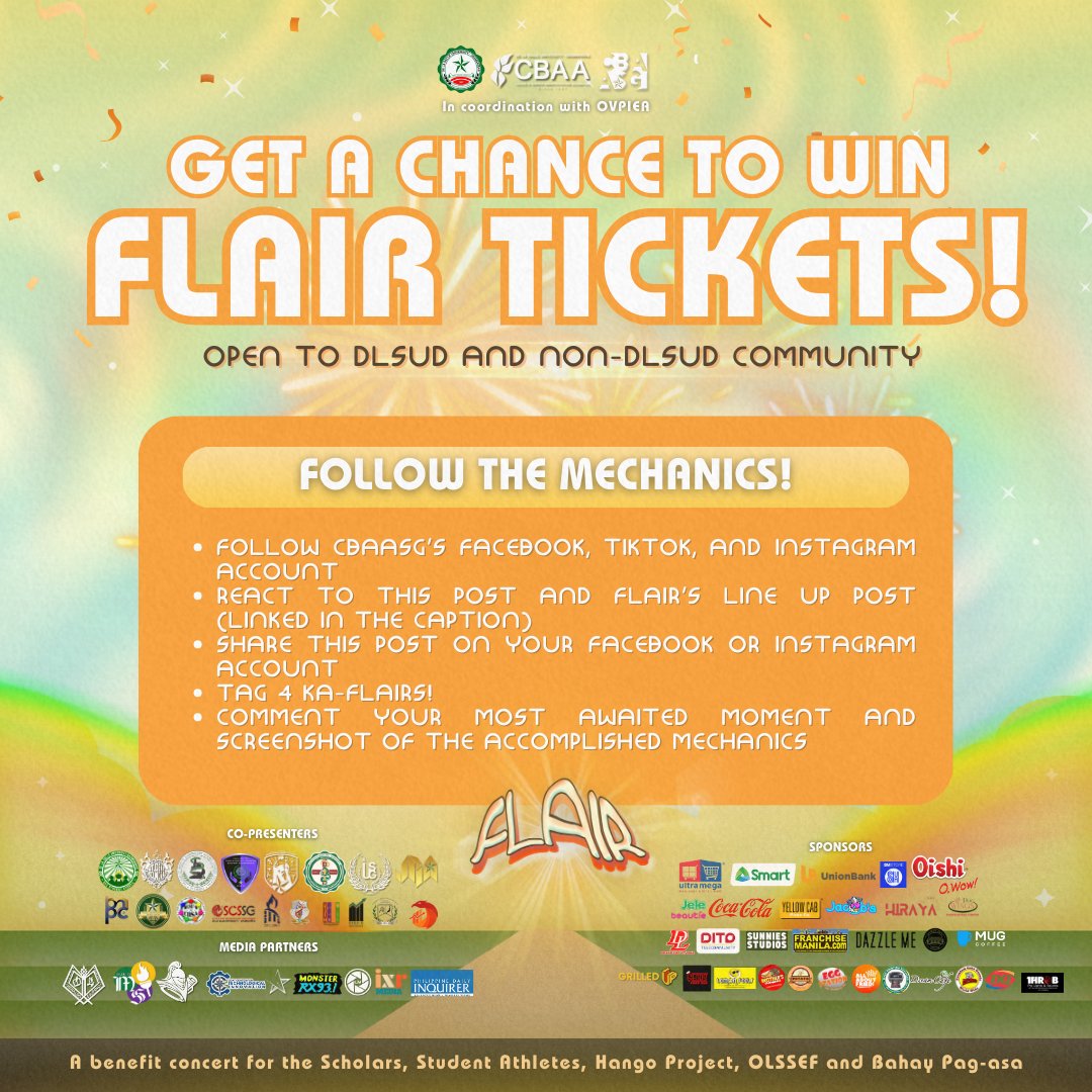 DLSUD_CBAASG's tweet photo. 𝗧𝗛𝗘 𝗖𝗢𝗨𝗡𝗧𝗗���𝗪𝗡 𝗦𝗧𝗔𝗥𝗧𝗦 𝗡𝗢𝗪!

Only 3 days left until Flair 2024 but the surprises don't stop there! You still have the chance to secure your ticket by joining this raffle. Just follow the mechanics below: https://t.co/SROW90ClFS
