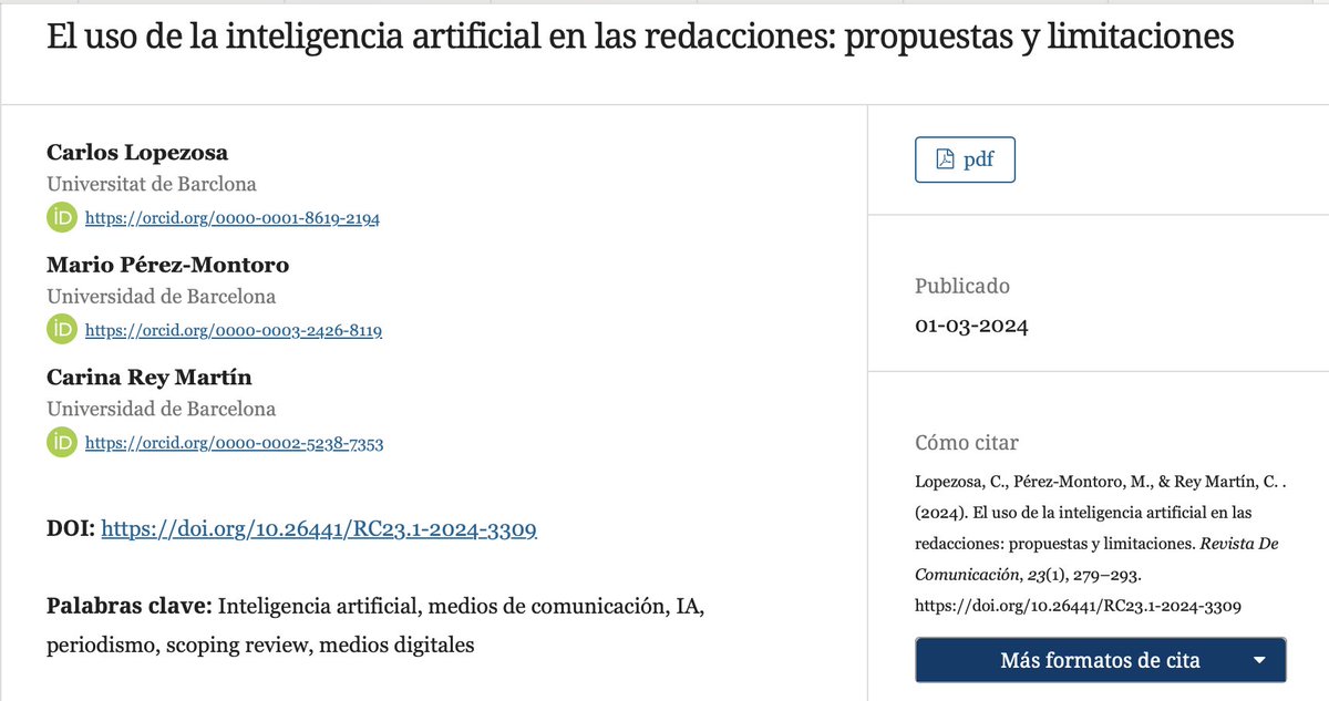 📣Nueva Publicación #Cuvicom

🎯Para Periodistas e interesados/as en IA
#IA #periodismo

«El uso de la inteligencia artificial en las redacciones: propuestas y limitaciones» de <a href="/CarlosLopezosa/">Carlos Lopezosa</a>, <a href="/mperezmontoro/">Mario Pérez-Montoro</a> y <a href="/carinareym/">Carina Rey Martin</a> 

🔗Vía <a href="/RevComUdep/">Revista de Comunicación</a>: revistadecomunicacion.com/article/view/3…