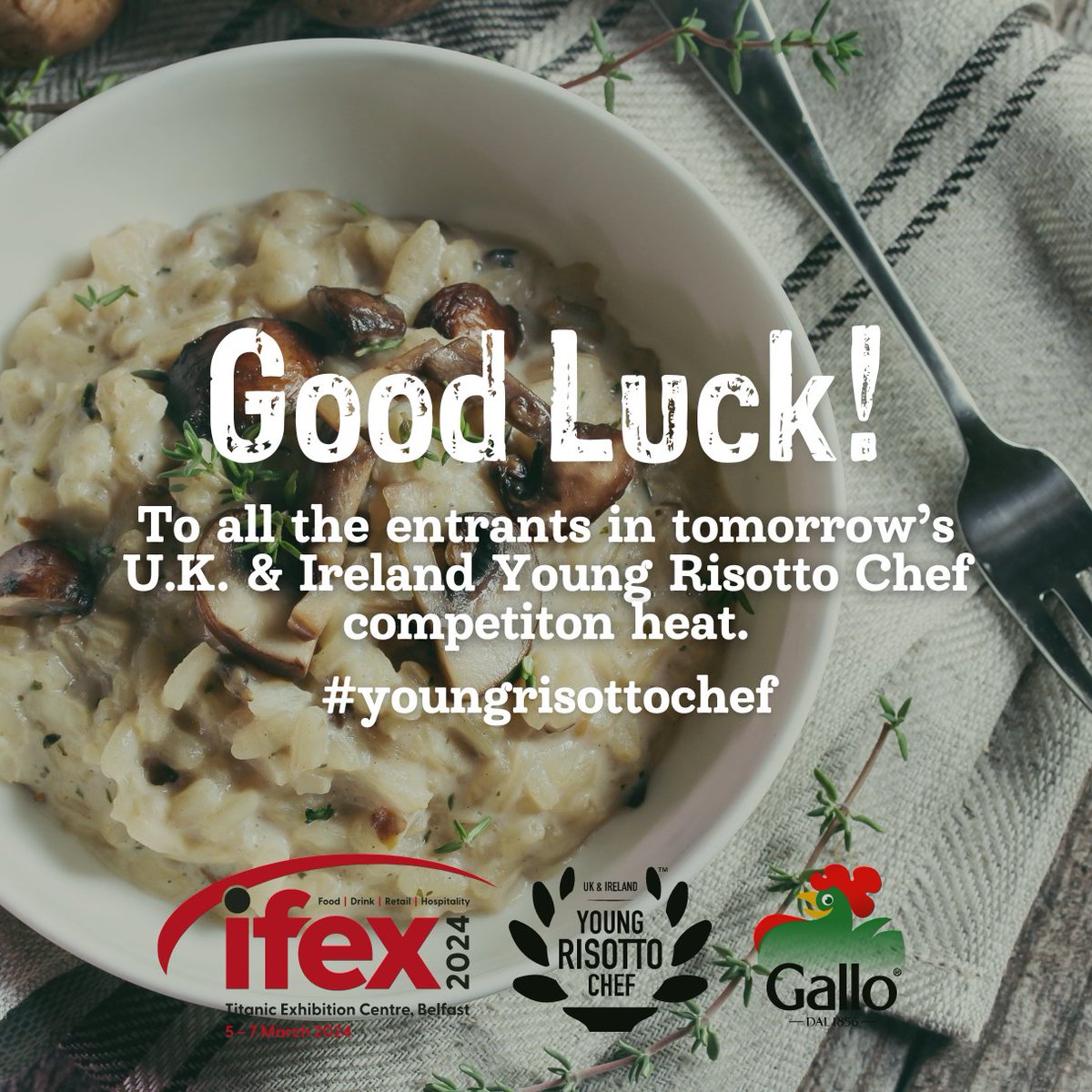 We are so excited for NI & Ireland's Young Risotto Chef heat at iFex Exhibition tomorrow! Good luck to all the entrants. #youngrisottochef #RisoGallo