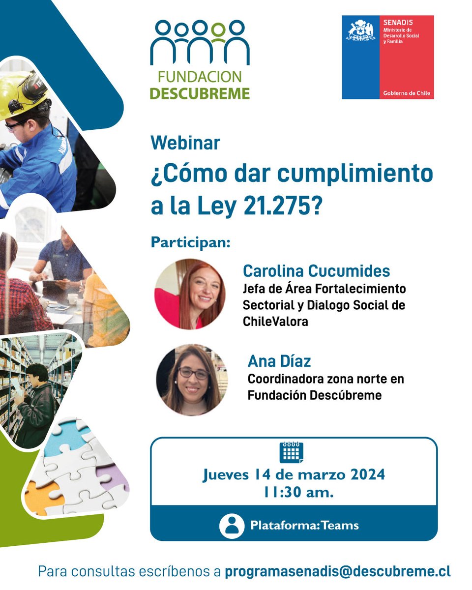 Fundación Descúbreme (@_descubreme) on Twitter photo Fundación Descúbreme y el <a href="/senadis_gob/">Senadis Chile</a> te invitan a participar del webinar ¿Cómo dar cumplimiento a la Ley 21.275? 🌟
📅 14 de marzo 2024
🕦 11:30 am
📌 Plataforma: Teams
Inscríbete aquí 👉 lnkd.in/ew2xaM-W
#InclusiónLaboral #Discapacidad Fundación Descúbreme y el <a href="/senadis_gob/">Senadis Chile</a> te invitan a participar del webinar ¿Cómo dar cumplimiento a la Ley 21.275? 🌟
📅 14 de marzo 2024
🕦 11:30 am
📌 Plataforma: Teams
Inscríbete aquí 👉 lnkd.in/ew2xaM-W
#InclusiónLaboral #Discapacidad