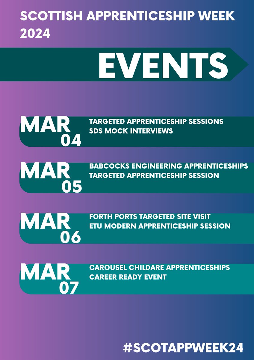 See below our calendar of events for Scottish Apprenticeship Week 2024 #scotapp24 <a href="/GrangemouthHS/">Grangemouth HS</a> <a href="/DYW_ForthValley/">DYW Forth Valley</a>