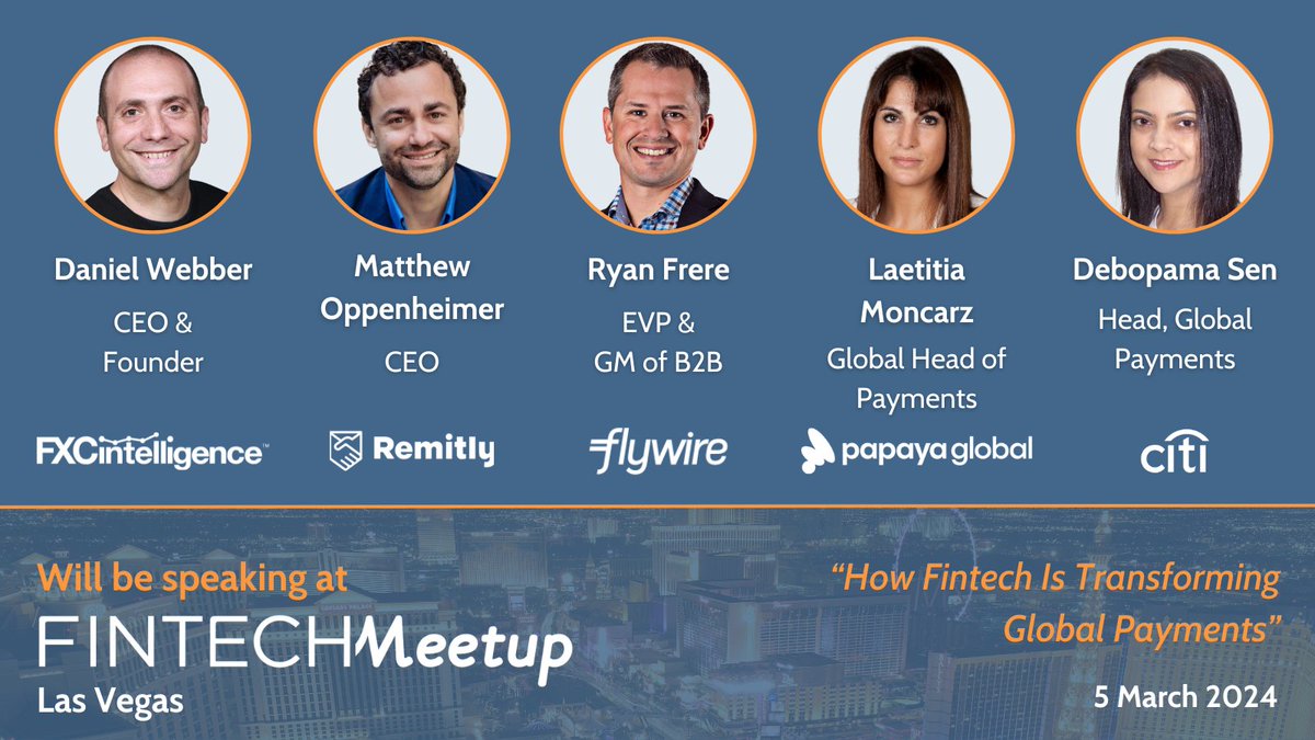 🎲@FintechMeetup🎲 FXCIntelligence CEO and Founder Daniel Webber is hosting a panel today to discuss how fintech is transforming global payments. @Remitly | @Flywire | @Papaya_Global | @Citi | #FXCIntelligence #Payments #GlobalPayments #FintechMeetup #Fintech