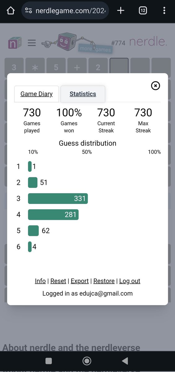 edujca's tweet image. After two years playing @nerdlegame, these are my statistics 😊