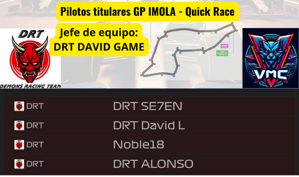 VMC_Tv's tweet photo. Parrilla de titulares para hoy
@IberiaRacing @DemonsRacing @XboxFormula + F1XD (Filial)
#QuickRace #Imola - No vemos a las 21:30 en Twitch https://t.co/HSE75KIzHW
