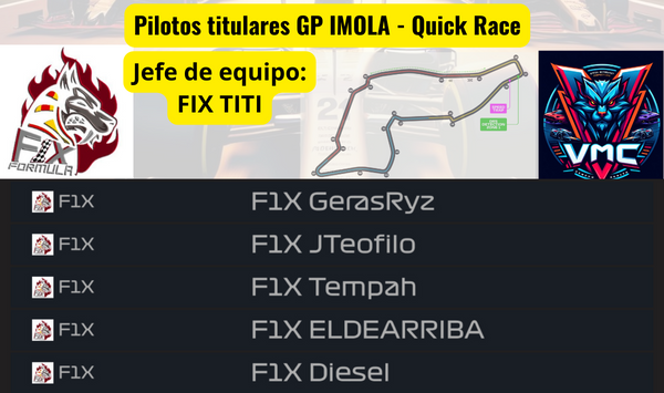 VMC_Tv's tweet photo. Parrilla de titulares para hoy
@IberiaRacing @DemonsRacing @XboxFormula + F1XD (Filial)
#QuickRace #Imola - No vemos a las 21:30 en Twitch https://t.co/HSE75KIzHW