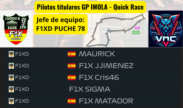 VMC_Tv's tweet photo. Parrilla de titulares para hoy
@IberiaRacing @DemonsRacing @XboxFormula + F1XD (Filial)
#QuickRace #Imola - No vemos a las 21:30 en Twitch https://t.co/HSE75KIzHW