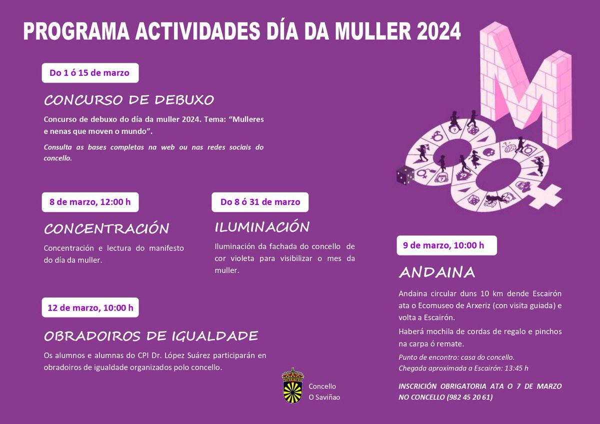 Este é o programa de actividades con motivo do Día da Muller 2024. Recorda que a inscrición obrigatoria para a andaina do sábado, podes facela no Concello ata o día 7. Contamos contigo! 

#8demarzo #Diadelamujer