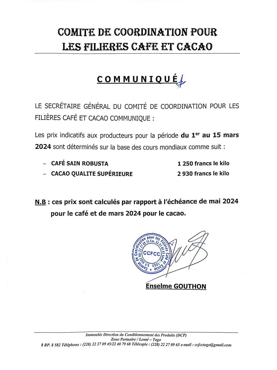 🎯 Prix indicatifs aux producteurs de café et cacao 

Période : 1er au 15 mars 2024

#Denyigban
#Togo🇹🇬
#CCFCCTg